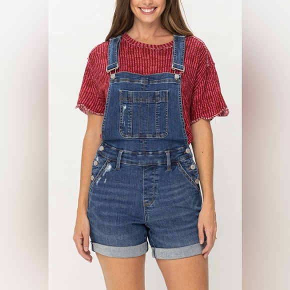 JUDY BLUE Denim - NWOT Judy Blue High Waist Destroyed Double Cuff Overall Denim Shorts Dark Wash